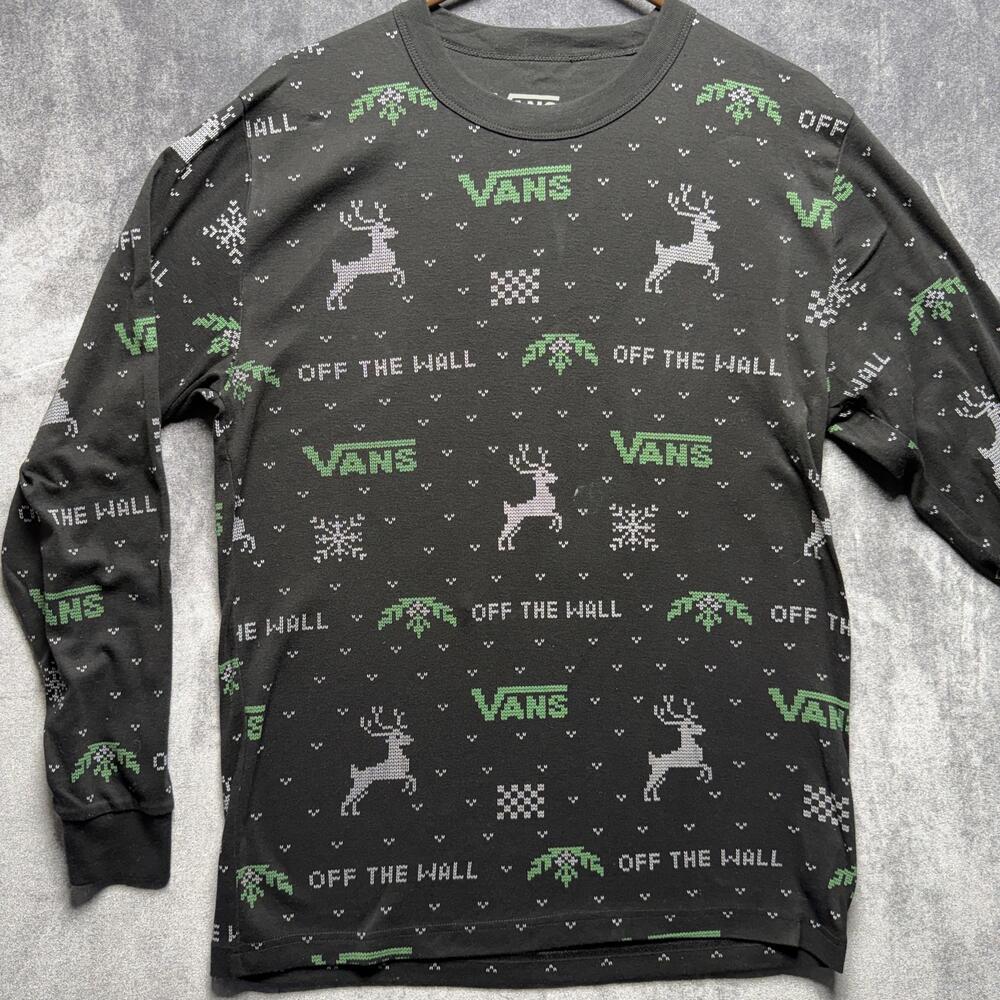Vans Shirt Mens Medium Black Off The Wall Reindeer Snowflake Holiday Graphic Tee